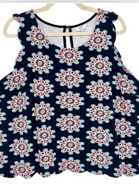 Crown & Ivy, Women’s navy w/pink & aqua, scalloped bottom, (hits at belt line)